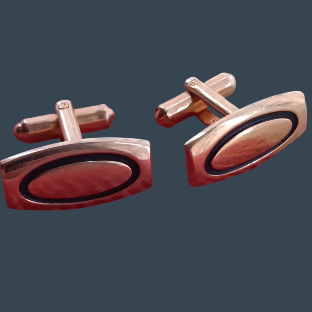 Vintage Estate Gold-Tone Oval Cufflinks With Black Enamel Accent